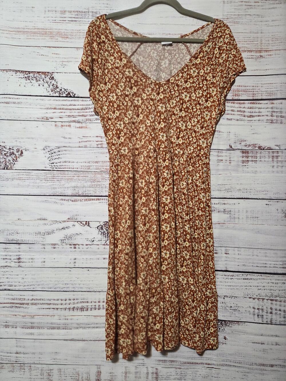 Lascana Dress Ladies 10 Knee Length Short Sleeve Tan White Floral